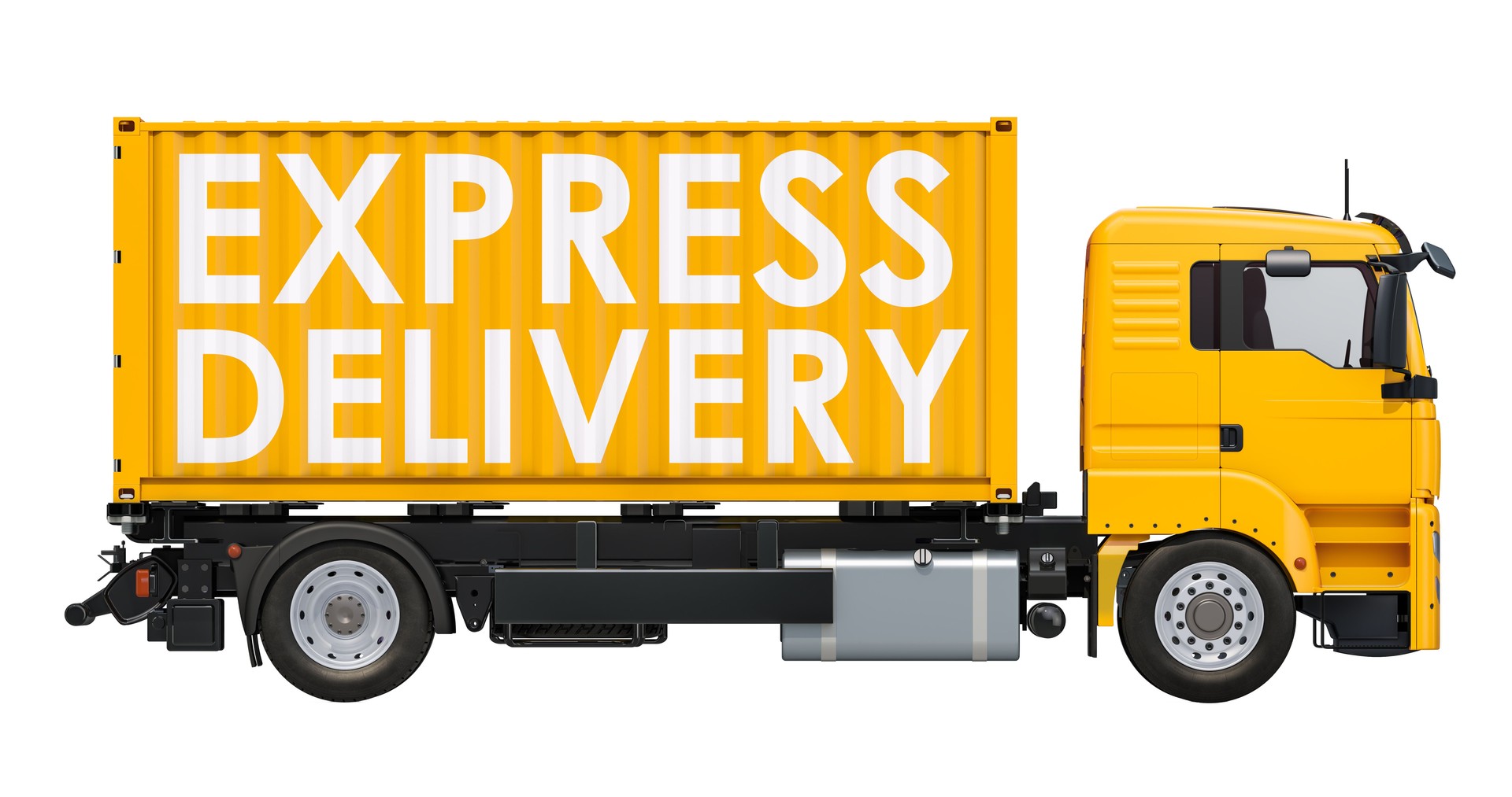 Express delivery concept. Container truck with express delivery inscription, 3D rendering isolated on white background